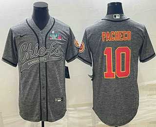 Mens Kansas City Chiefs #10 Isiah Pacheco Grey With Super Bowl LVII Patch Cool Base Stitched Baseball Jersey